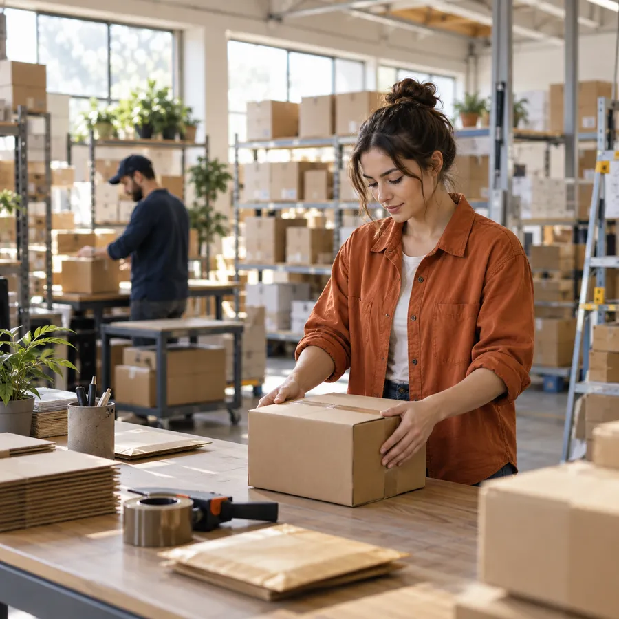 A fulfillment worker preparing a parcel beside shelves of ready-to-ship boxes.