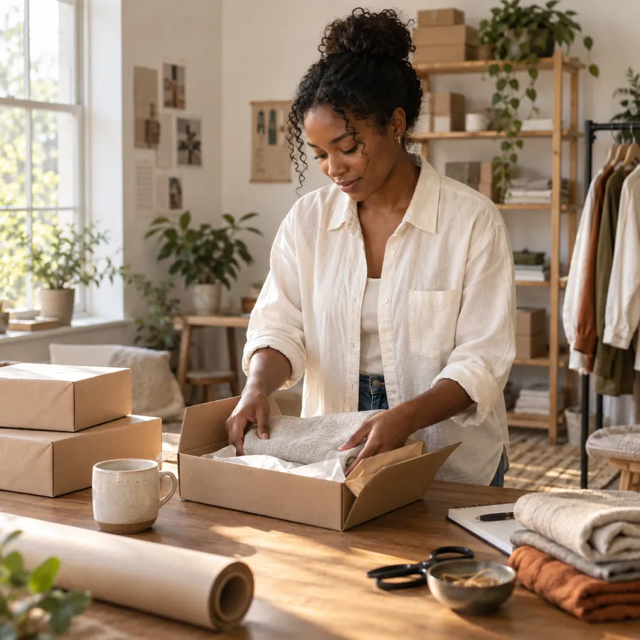 A store owner packing a fabric order in her home studio.