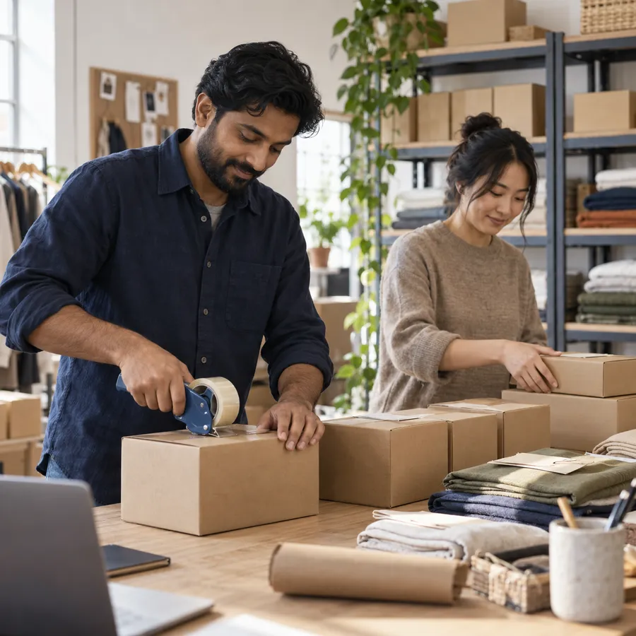 Two coworkers preparing parcels at a studio packing table.