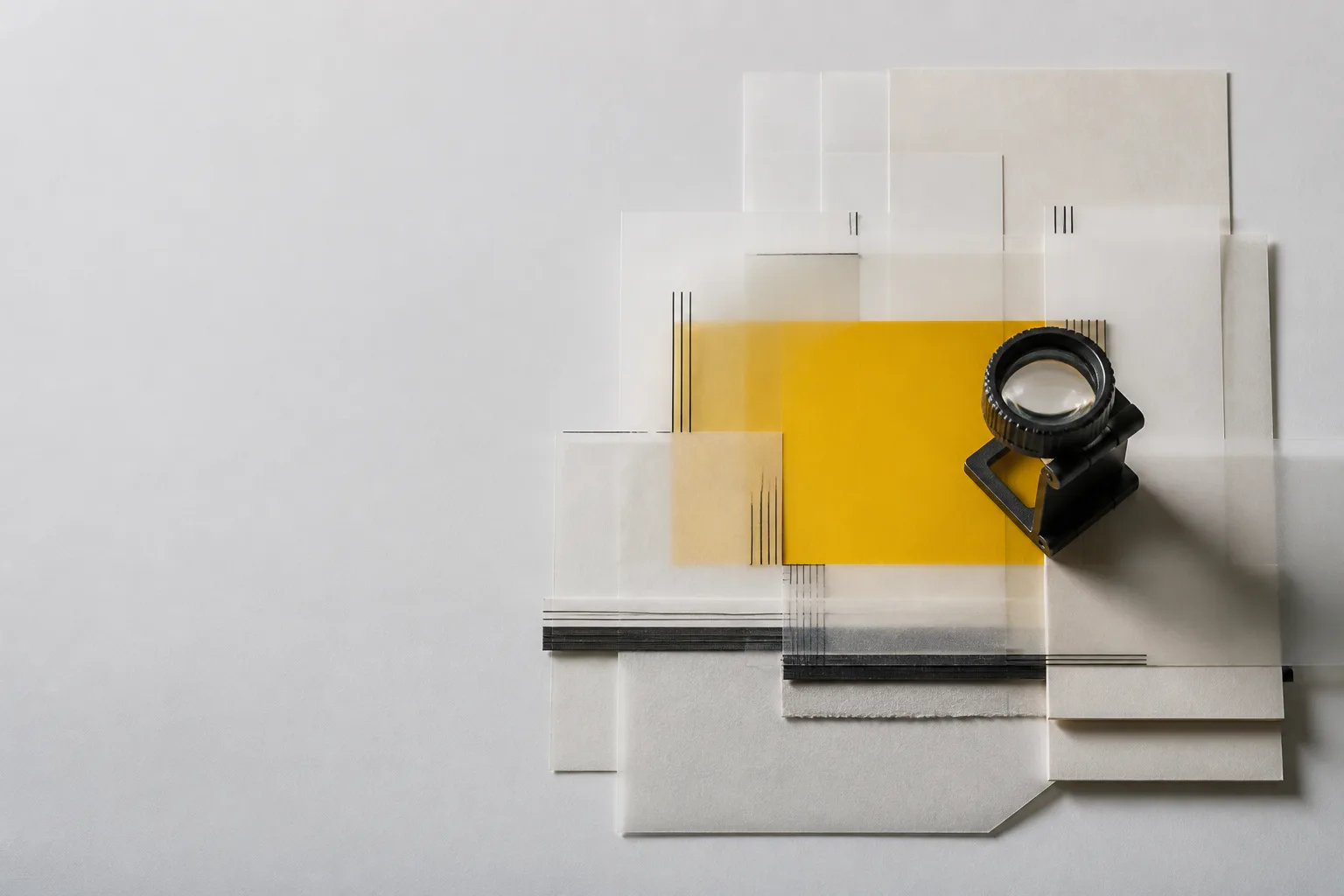 Abstract evidence papers and a precision magnifier on a yellow field