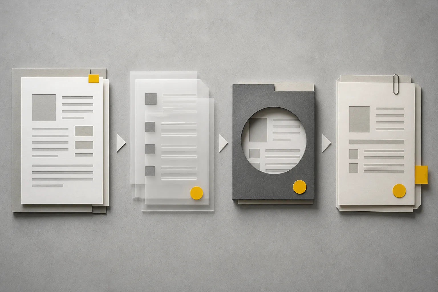 Four abstract paper stages representing source, screening, review, and archive