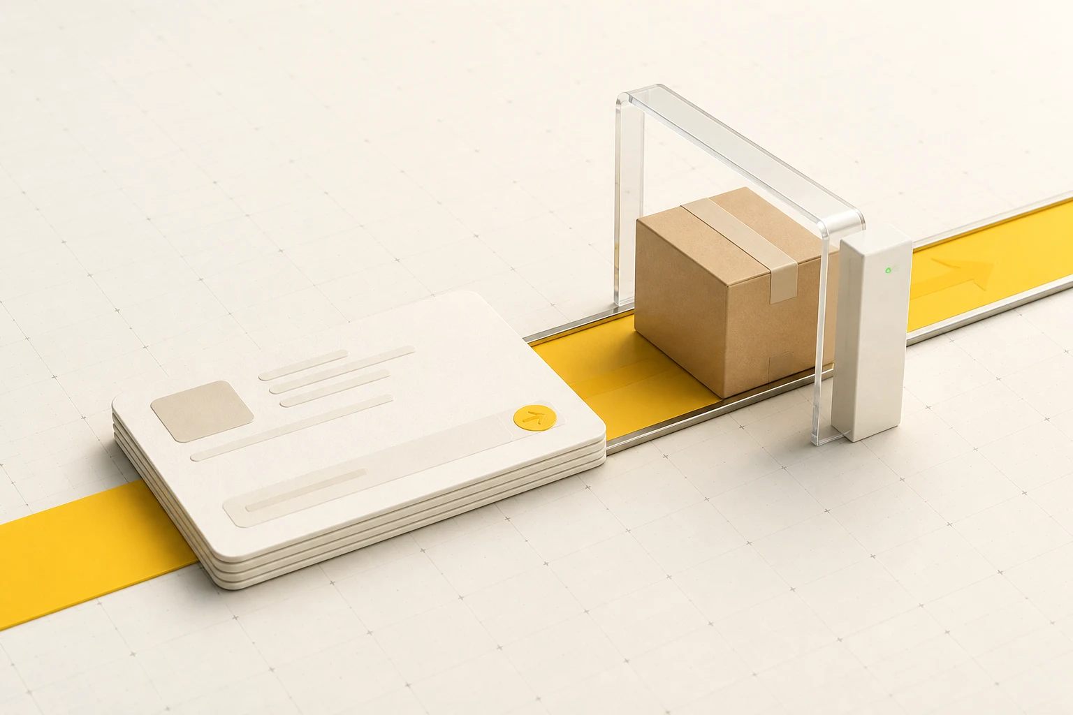 An order card and parcel moving through a quiet screening checkpoint