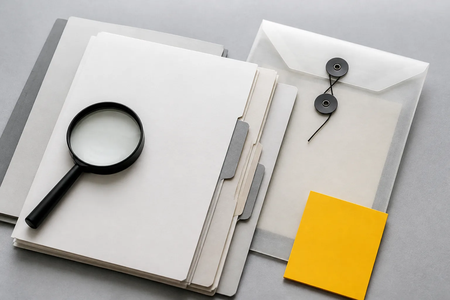 Blank source documents, a magnifying lens, and an archive sleeve